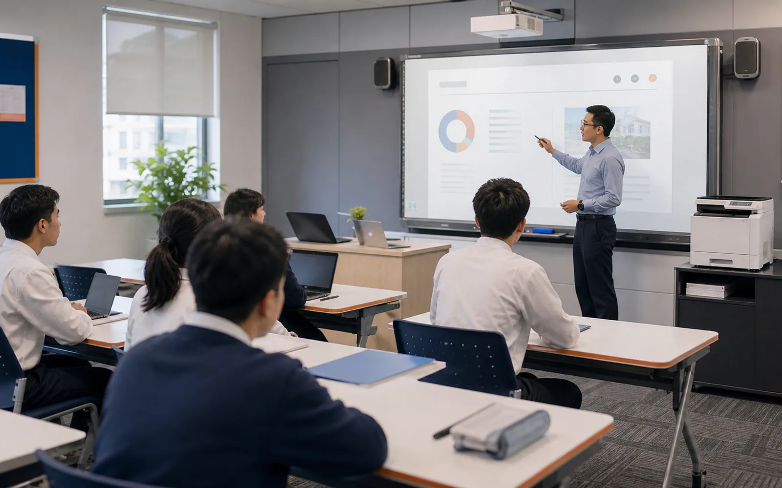 Bilik latihan dengan paparan interaktif dan peralatan kelas