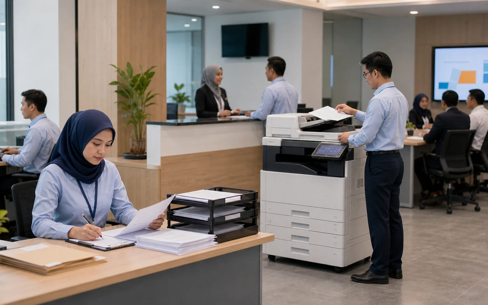 Kaunter pentadbiran institusi dengan peralatan pejabat